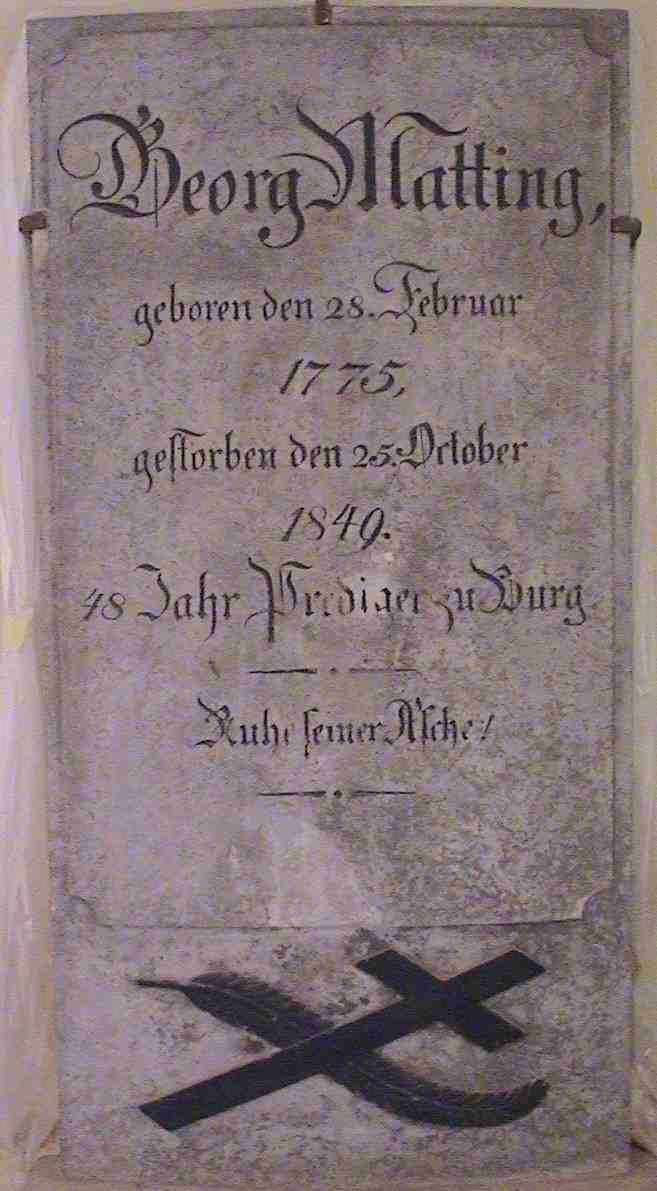 Grabplatte von Alexander George Matting, Kirche Burg/Spreewald
